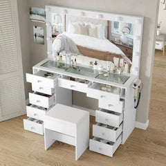 46" Vanity Desk with Mirror, 12 LED Lights, Power Outlet & Chair – 11 Drawer Makeup Table Set