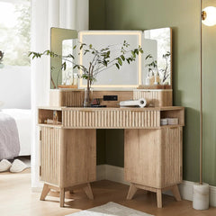 Fluted Makeup Vanity Desk with 3-Way Mirror and Lights – 48" Corner Vanity with Glass Top, Charging Station, and Storage Drawers