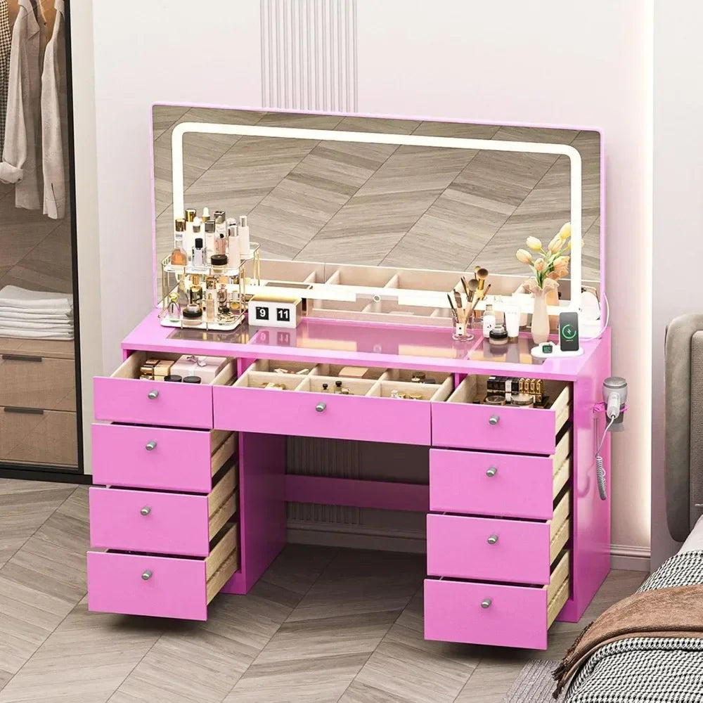 46-Inch Makeup Vanity Desk with Mirror, Lights & Power Outlet