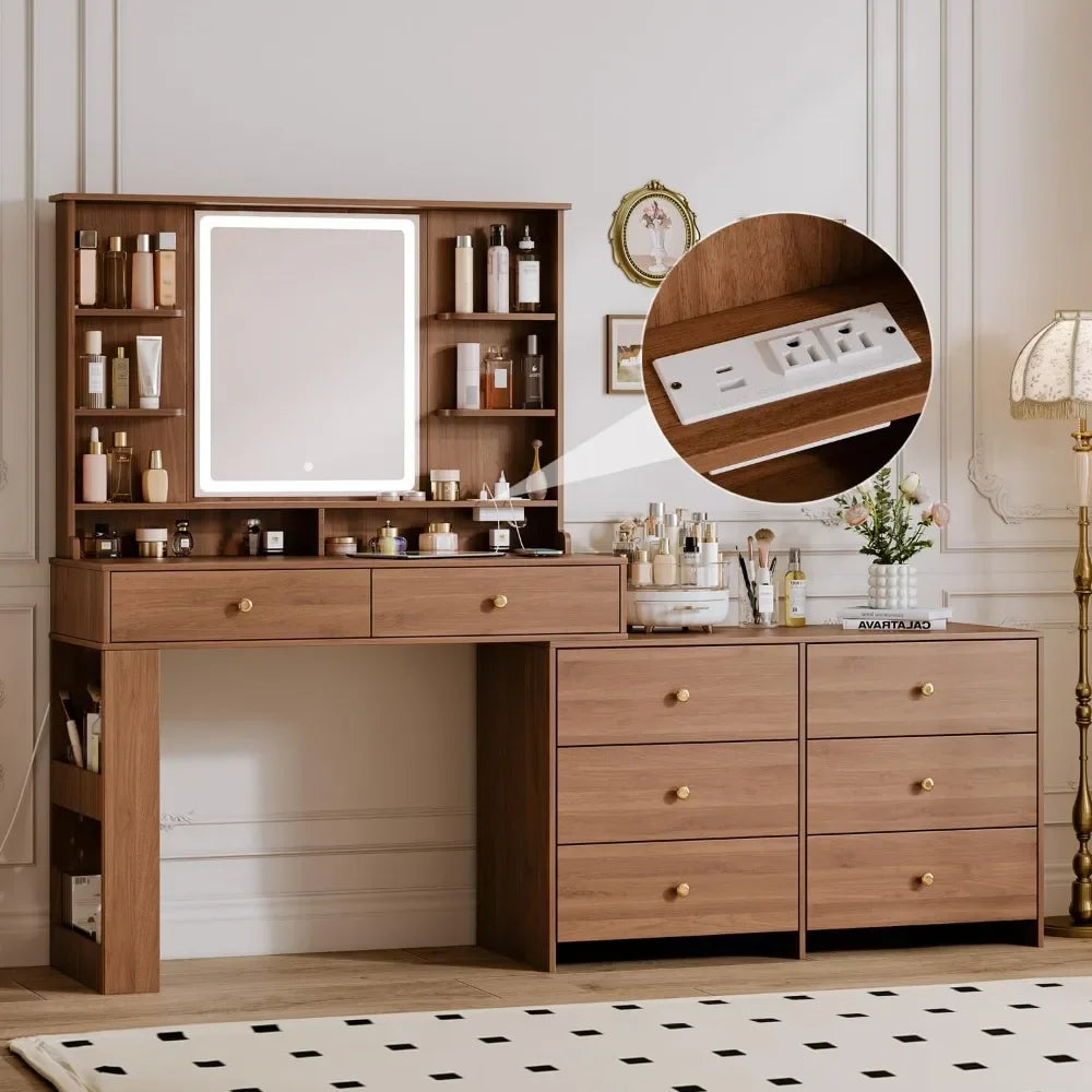 Vanity Desk with Mirror, Lights & Charging Station – 8 Drawers & Adjustable Shelves