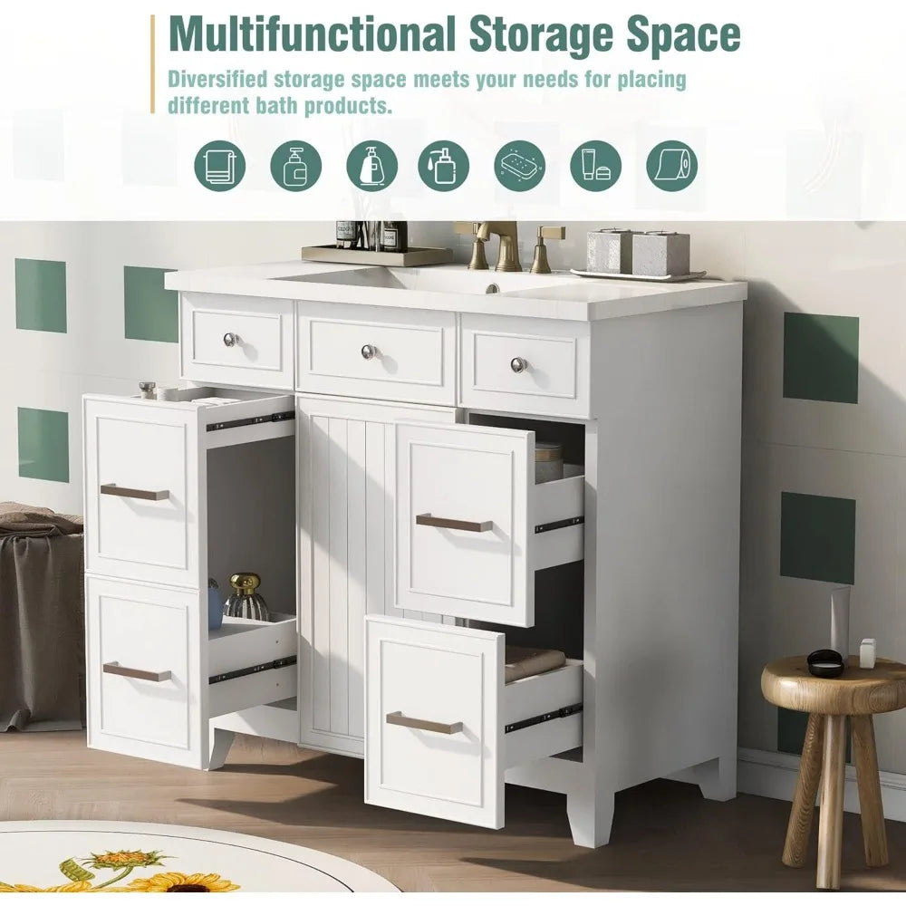 Merax 36" Bathroom Vanity Cabinet with Sink – Soft-Close Door & Drawer, Solid Wood Shaker Design