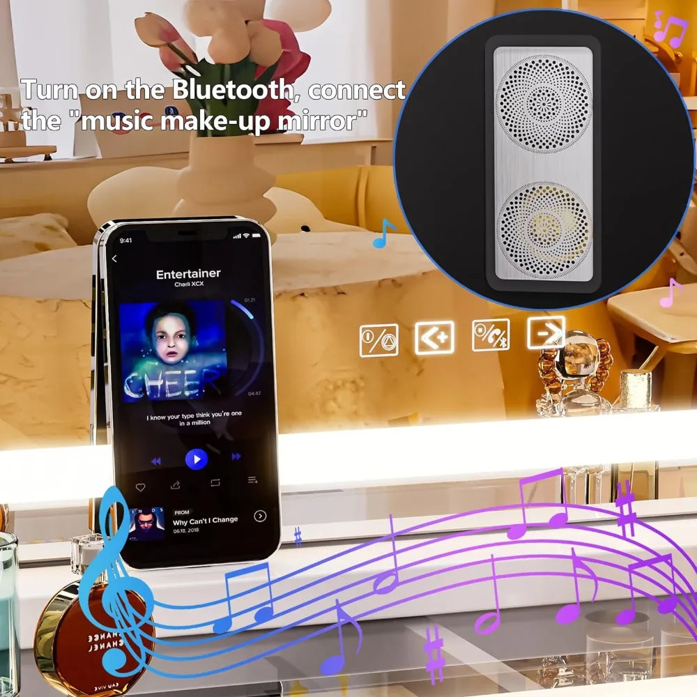 Vanity Mirror with Lights, Bluetooth Speaker & 10X Magnifier – USB Charging, Touch Control, 3 Light Modes
