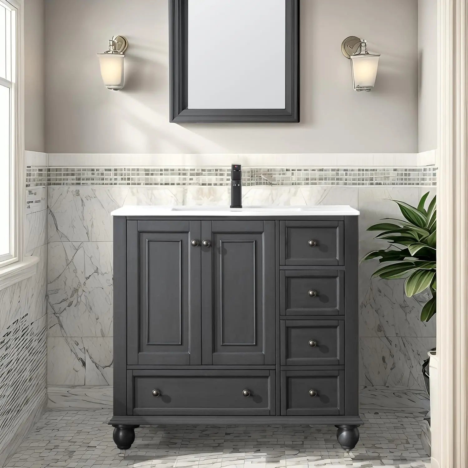 36" Bathroom Vanity Sink Combo with Solid Wood Construction & Vintage Design – 5 Drawers, 2 Doors Storage Cabinet