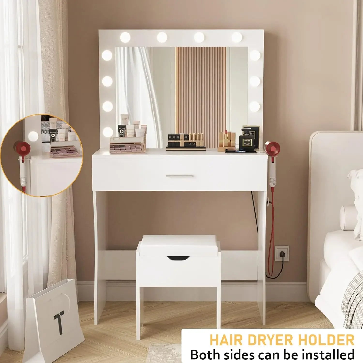 Makeup Vanity Desk with Mirror & 12 LED Lights – White Vanity Set with Charging Station & Storage Stool