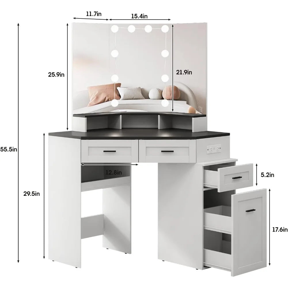 Corner Vanity Desk with Tri-Fold Mirror & LED Lights – Makeup Table with Power Outlets, Drawers & Storage Shelves