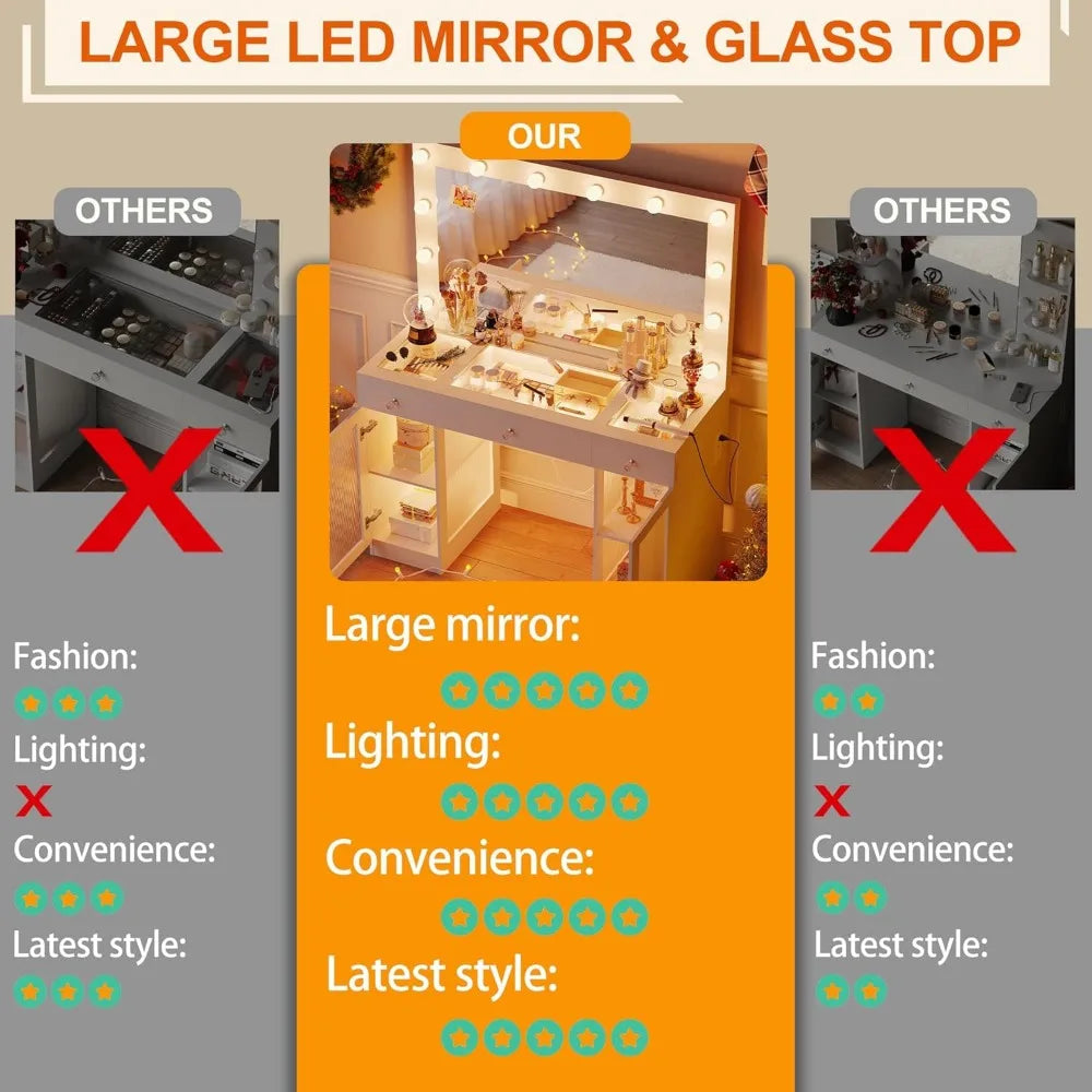 43" Glass Top Vanity Desk with Mirror, Lights & Power Outlet – 3 Drawers, Cabinets & Adjustable LED Modes