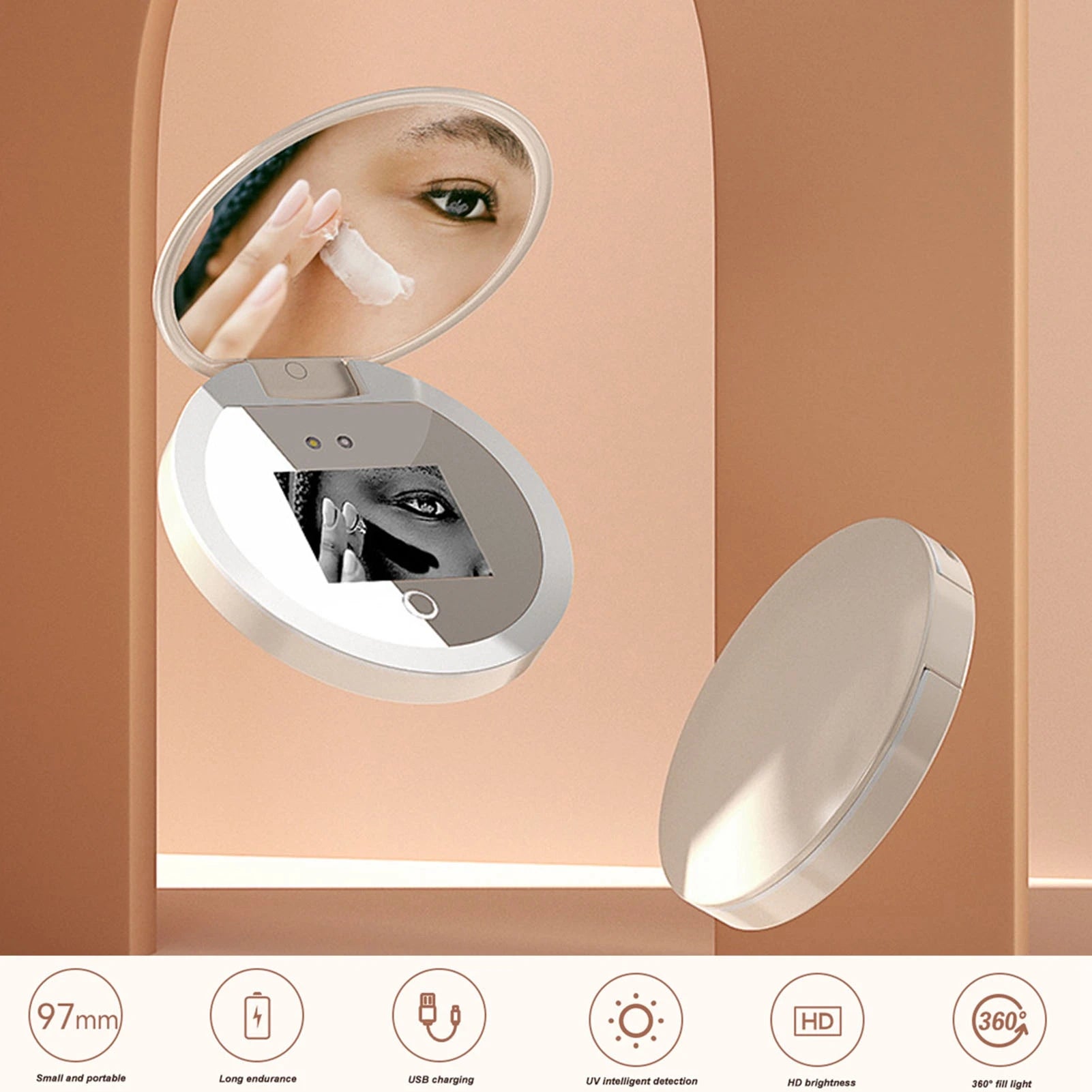 UV Mirror Sunscreen Testing Camera with Light & 2X Magnification 3.5-Inch Portable Travel Makeup Mirror with Adjustable Brightness & Rechargeable Battery