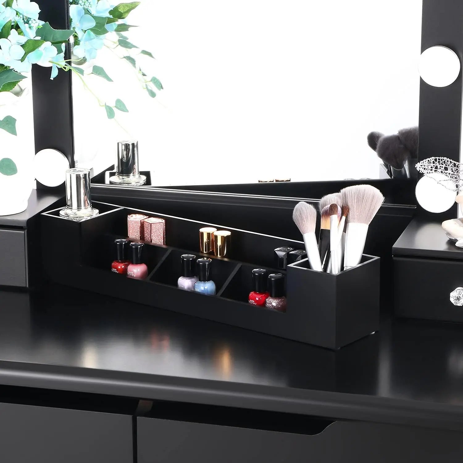 Black Vanity Desk with Lighted Mirror, 4 Drawers & Stool
