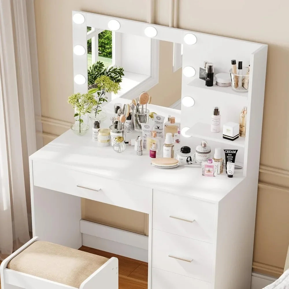 Lighted Makeup Vanity Table with Mirror, 4 Drawers & Storage Shelves