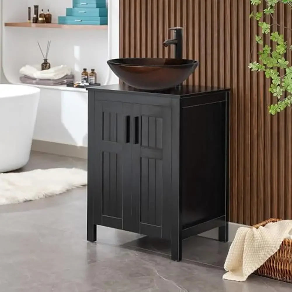 24" Black Wood Bathroom Vanity Cabinet with Ceramic Vessel Sink & Grooved Doors