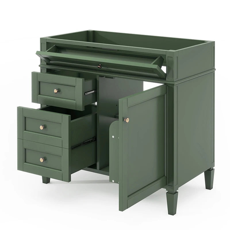 36" Freestanding Bathroom Vanity Cabinet – Solid Wood Storage with Drawers, Tip-Out Tray & Shelved Door