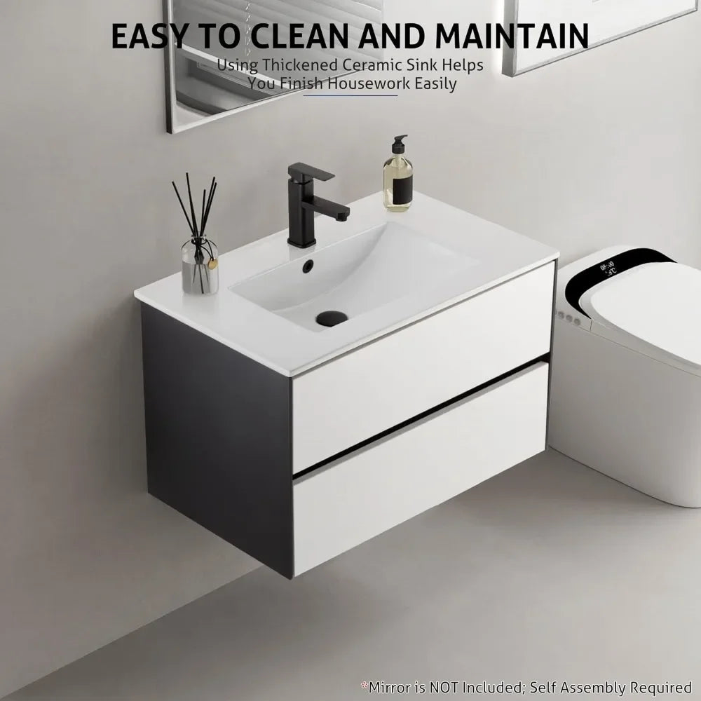 30" Floating Bathroom Vanity with Ceramic Sink & Matte Black Faucet – 2 Drawer Wall-Mounted Cabinet Combo