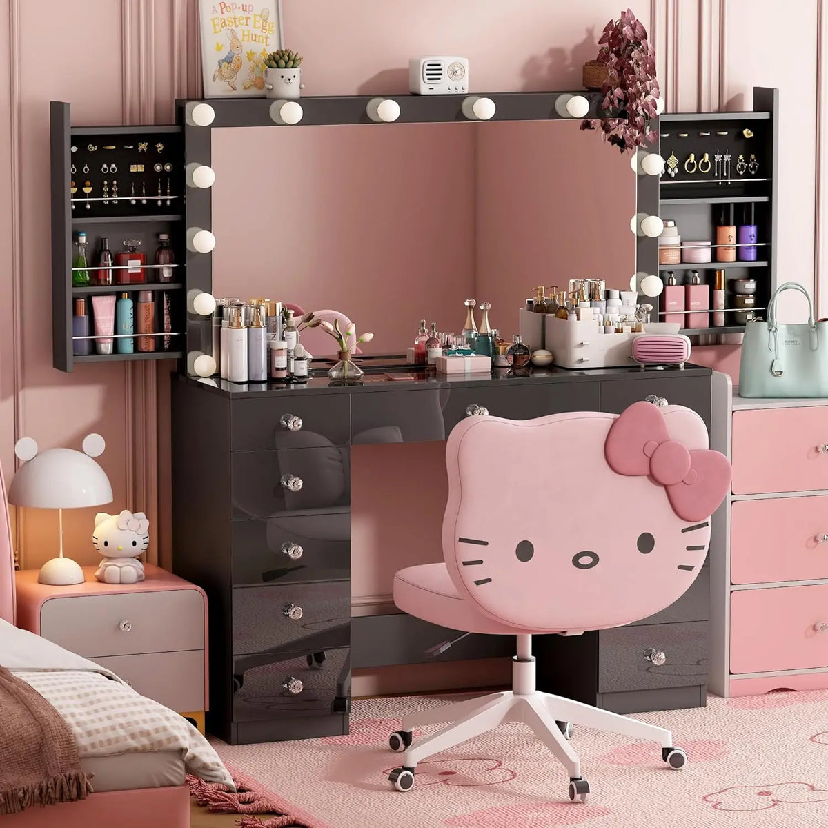 Vanity Desk with Power Outlet, Lighted Mirror & 14 LED Lights, 3 Lighting Modes, 11-Drawer Makeup Vanity Table with Sliding Jewelry Cabinets & Glass Top