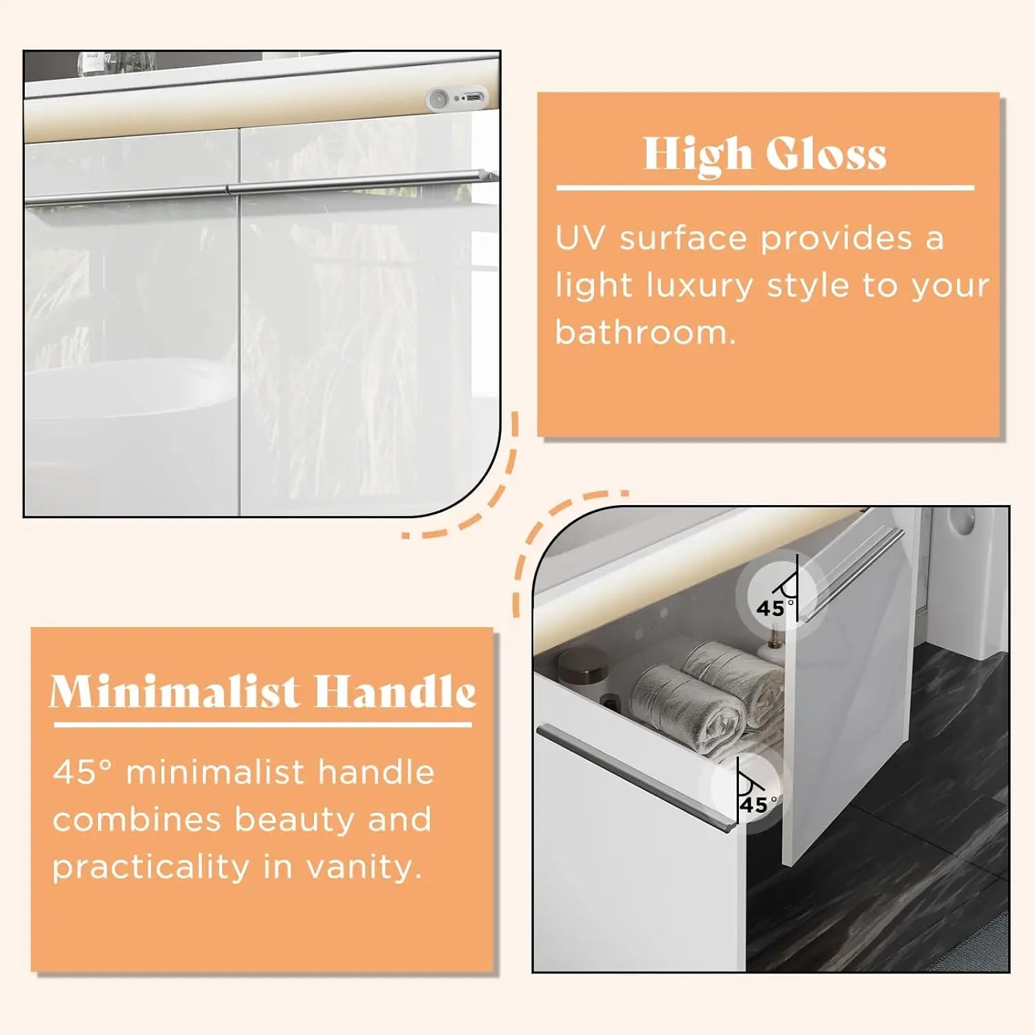 Floating Bathroom Vanity with Sink and High Gloss Finish – Wall-Mounted Vanity Cabinet with Smart Sensor Light