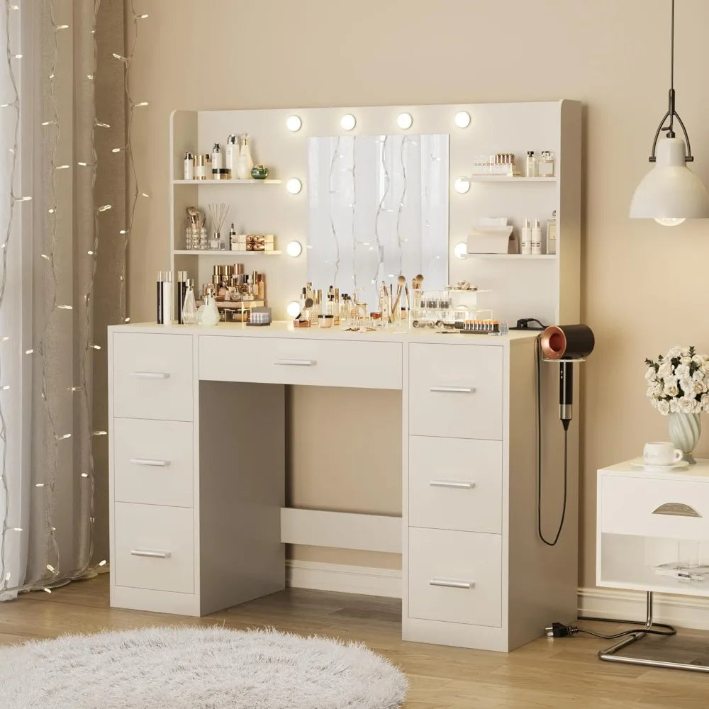 Vanity Makeup Desk with Mirror, LED Lights & Charging Station - 7 Drawers & 6 Storage Shelves