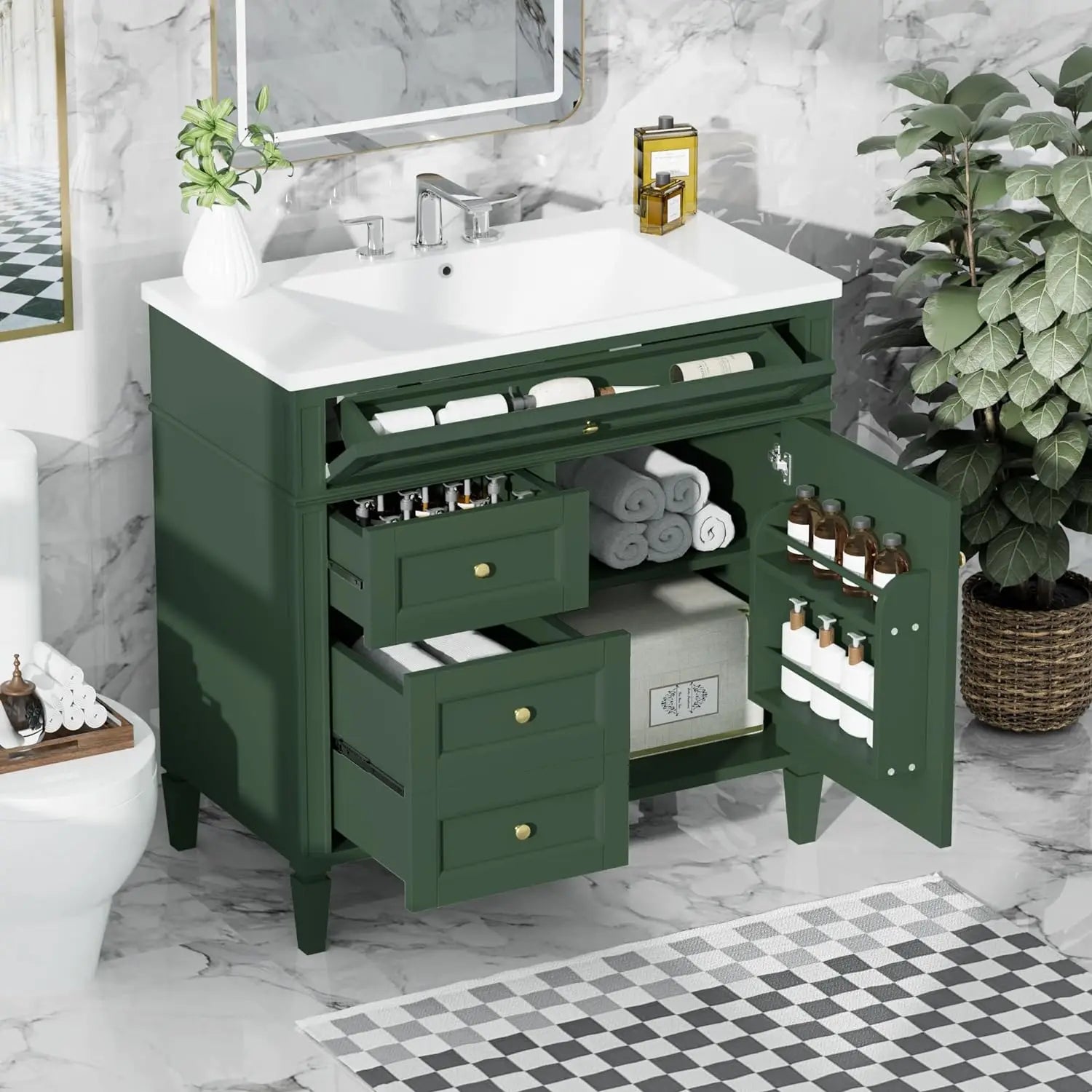 36" Freestanding Bathroom Vanity with Sink – Modern Storage Cabinet with Drawers & Flip-Down Organizer