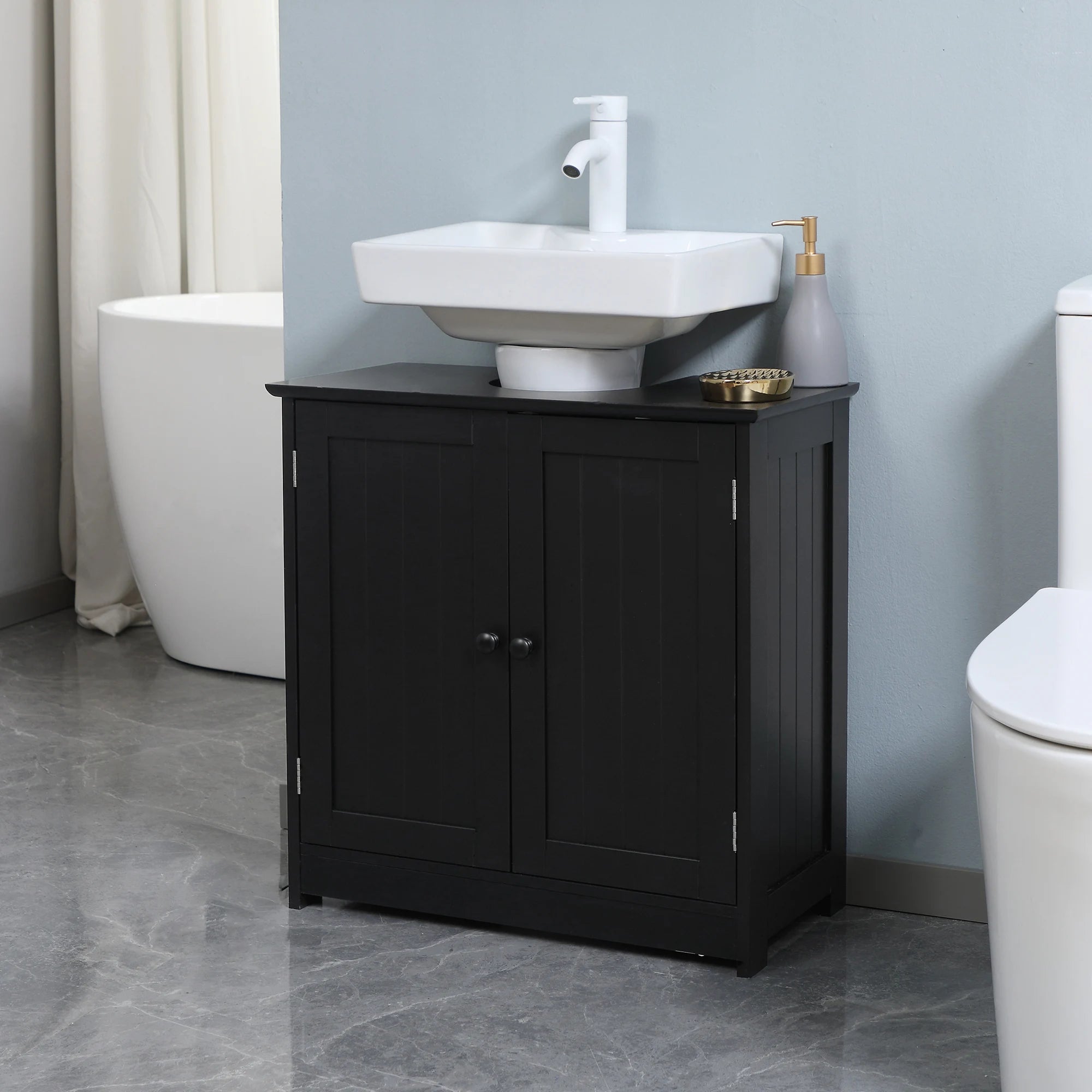 Under Sink Bathroom Cabinet with Double Doors and Inner Shelf – Compact Pedestal Vanity Storage (Black)