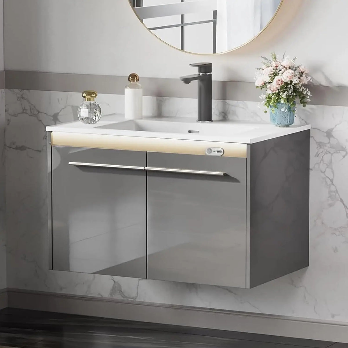 Floating Bathroom Vanity with Sink and High Gloss Finish – Wall-Mounted Vanity Cabinet with Smart Sensor Light