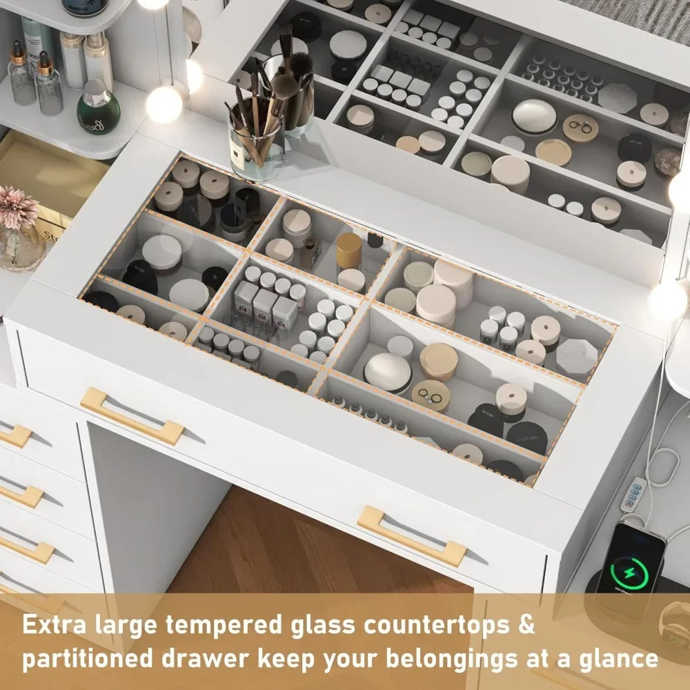 Glass Top Vanity Desk with Mirror & Lights, Large Makeup Desk with Charging Station & 9 Drawers