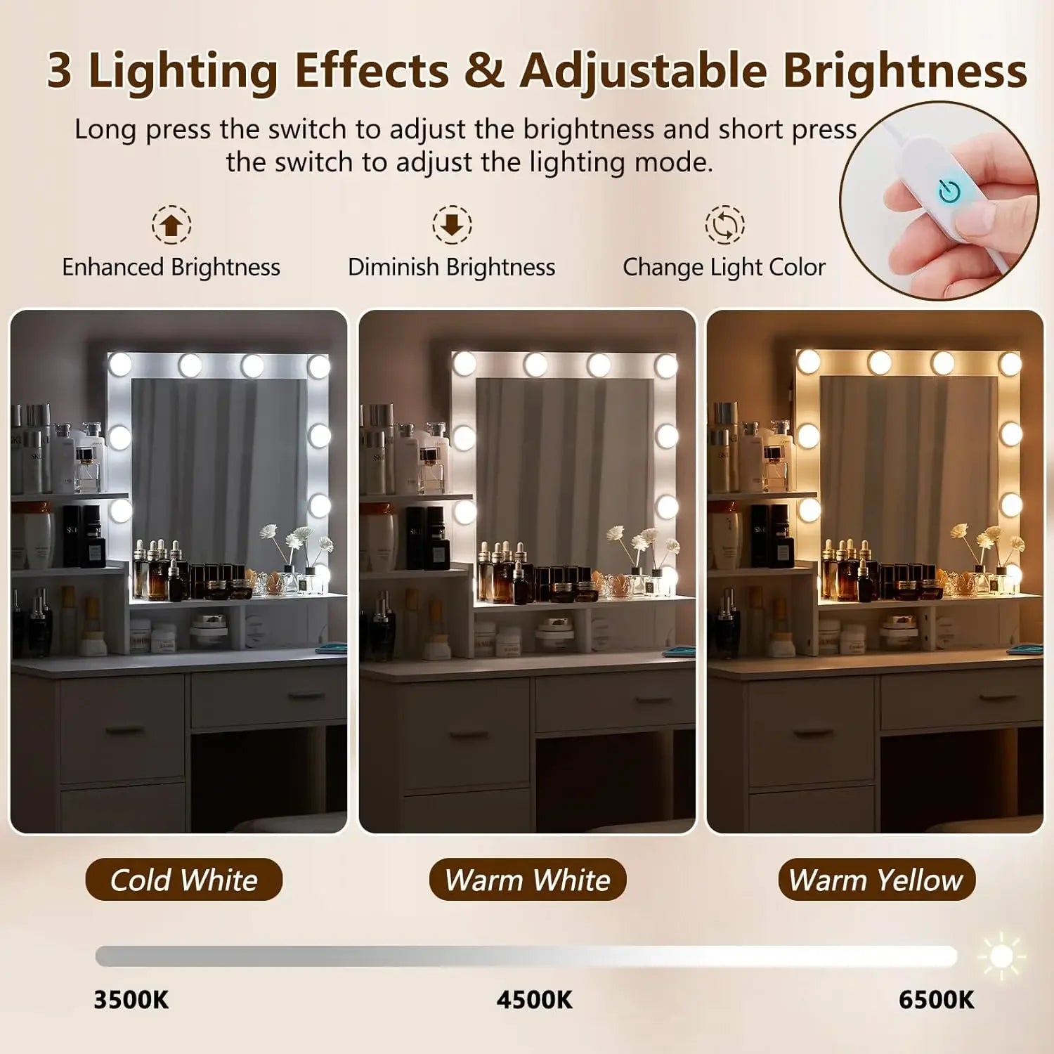 Makeup Vanity Desk with Lighted Mirror, 10 Bulbs, Charging Station & 4-Drawer Chest