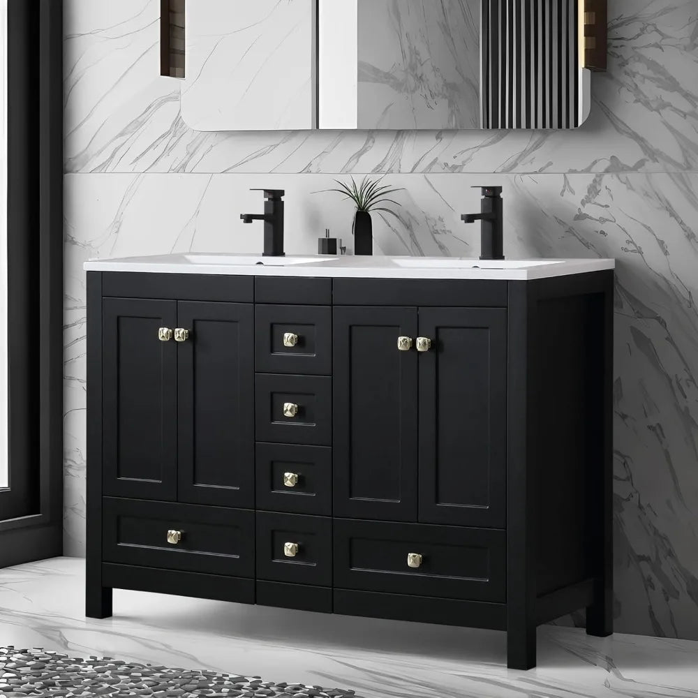 48" Bathroom Vanity Cabinet with Double Sink Combo Set Modern Engineered Wood Base | Durable Resin Sinks | Black Faucets | Ample Storage with Soft-Close Doors & Drawers