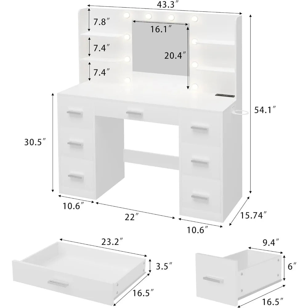 Vanity Makeup Desk with Mirror, LED Lights & Charging Station - 7 Drawers & 6 Storage Shelves