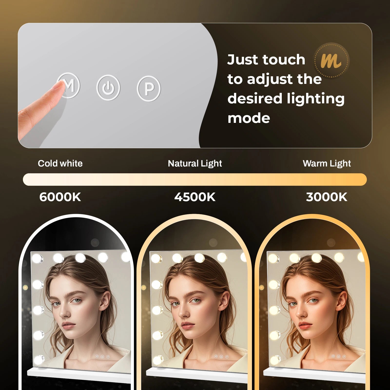 Vanity Mirror with Lights – 15 Bulbs, 10X Magnifying, 22.8" x 18" Large Hollywood Makeup Mirror, 3 Color Modes, Touch Control