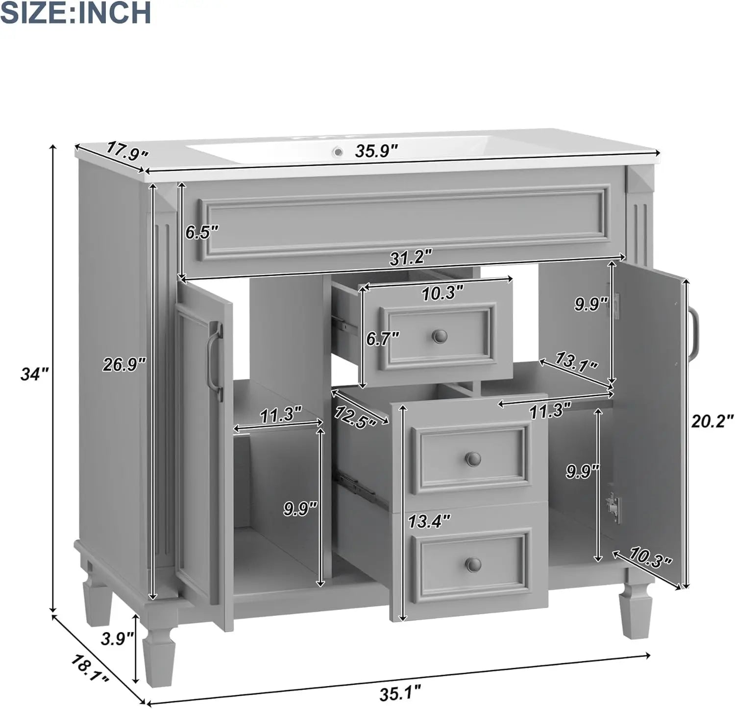 36" Bathroom Vanity with Sink – Freestanding Single Sink Cabinet with Countertop and Storage Drawers