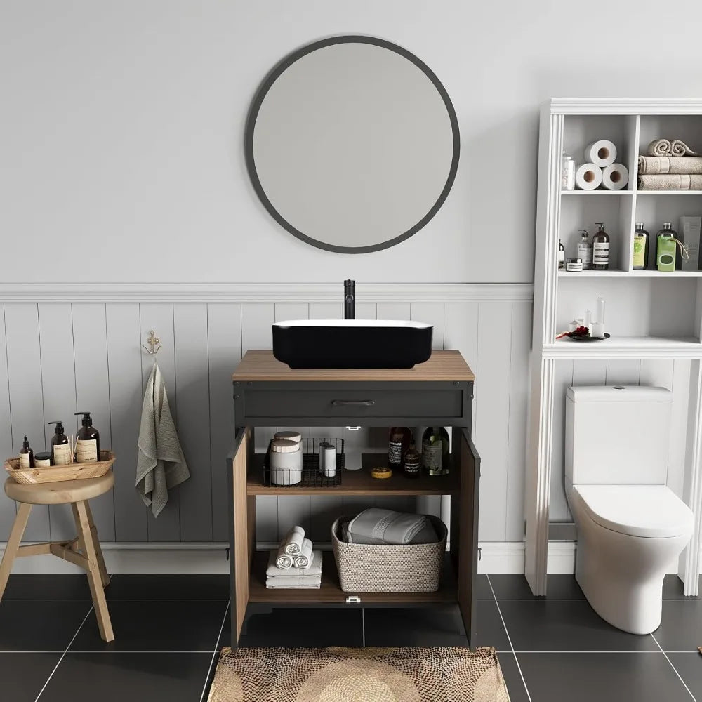 30" Bathroom Vanity Sink Combo Set – Brown Modern Wood Cabinet with Black & White Ceramic Vessel Sink