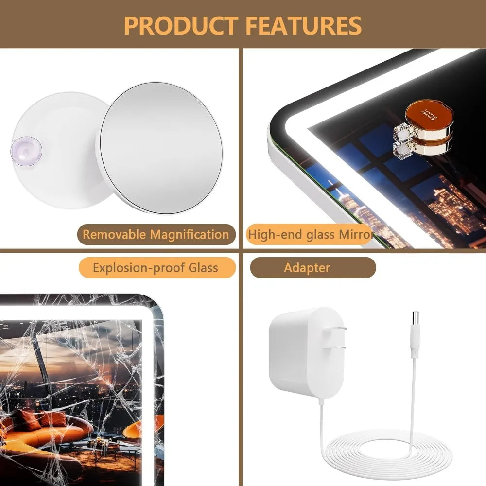 Vanity Mirror with Lights, Bluetooth Speaker & 10X Magnifier – USB Charging, Touch Control, 3 Light Modes