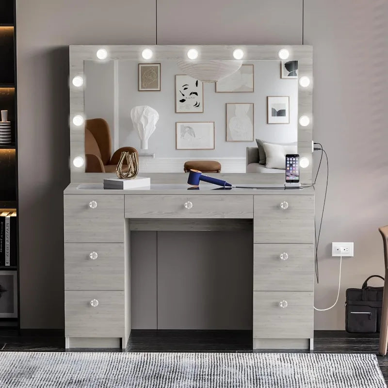 Vanity Desk with Mirror Lights, 7 Drawers, Crystal Knobs, USB Type-C & Type-A, Power Outlet, Hair Dryer Rack, Stylish Makeup Station