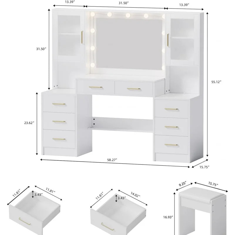 58.3" Makeup Vanity Desk with Lighted Mirror, Drawers & Storage Cabinets