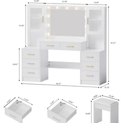 58.3" Makeup Vanity Desk with Lighted Mirror, Drawers & Storage Cabinets