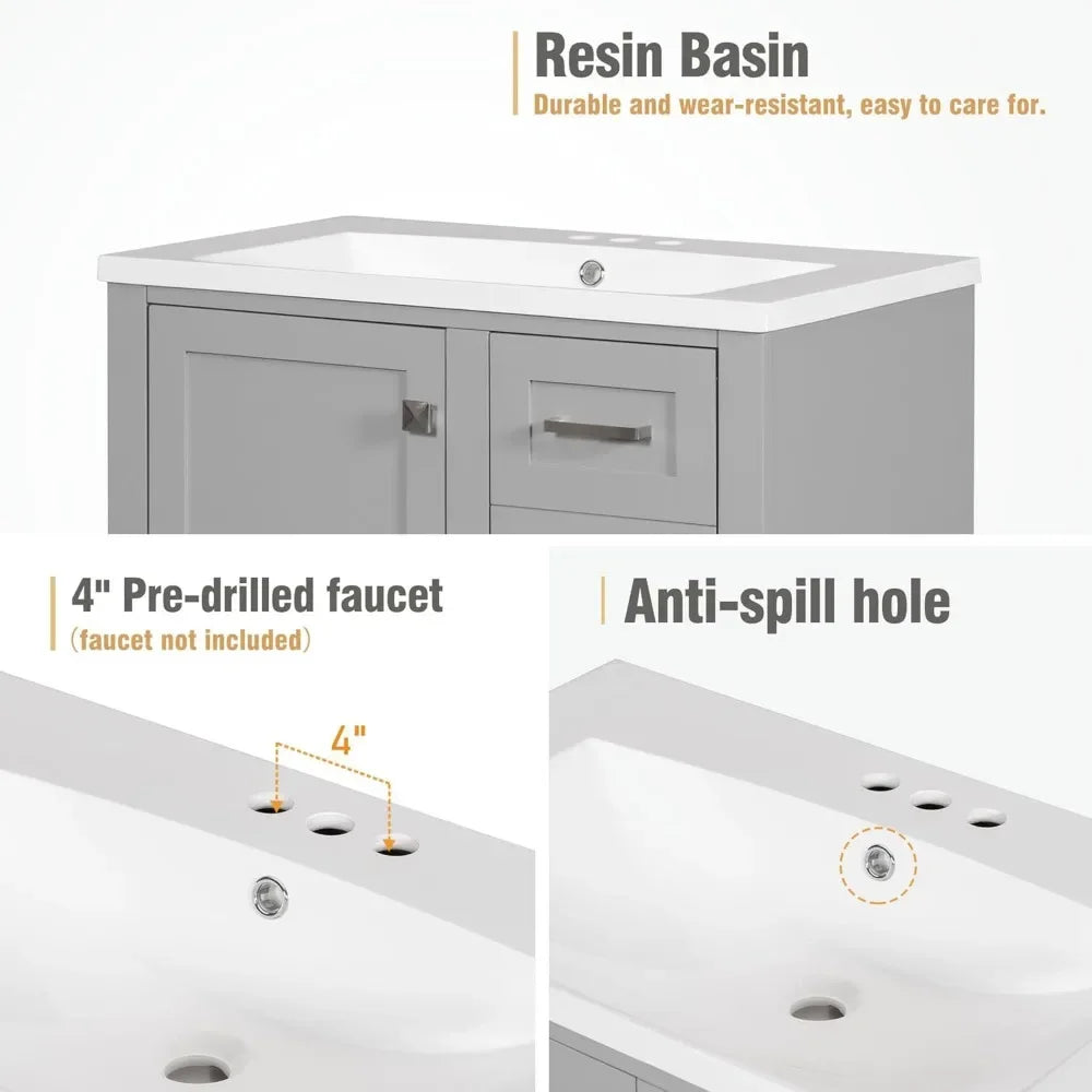30” Modern Bathroom Vanity Cabinet with Single Sink – Grey, Ample Drawer Storage, Solid Wood Frame