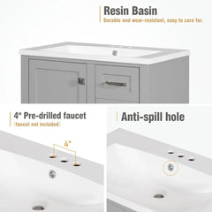 30” Modern Bathroom Vanity Cabinet with Single Sink – Grey, Ample Drawer Storage, Solid Wood Frame