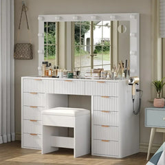 Vanity Desk with Lighted Mirror, Glass Top & Power Outlet – Includes Stool & 11 Drawers