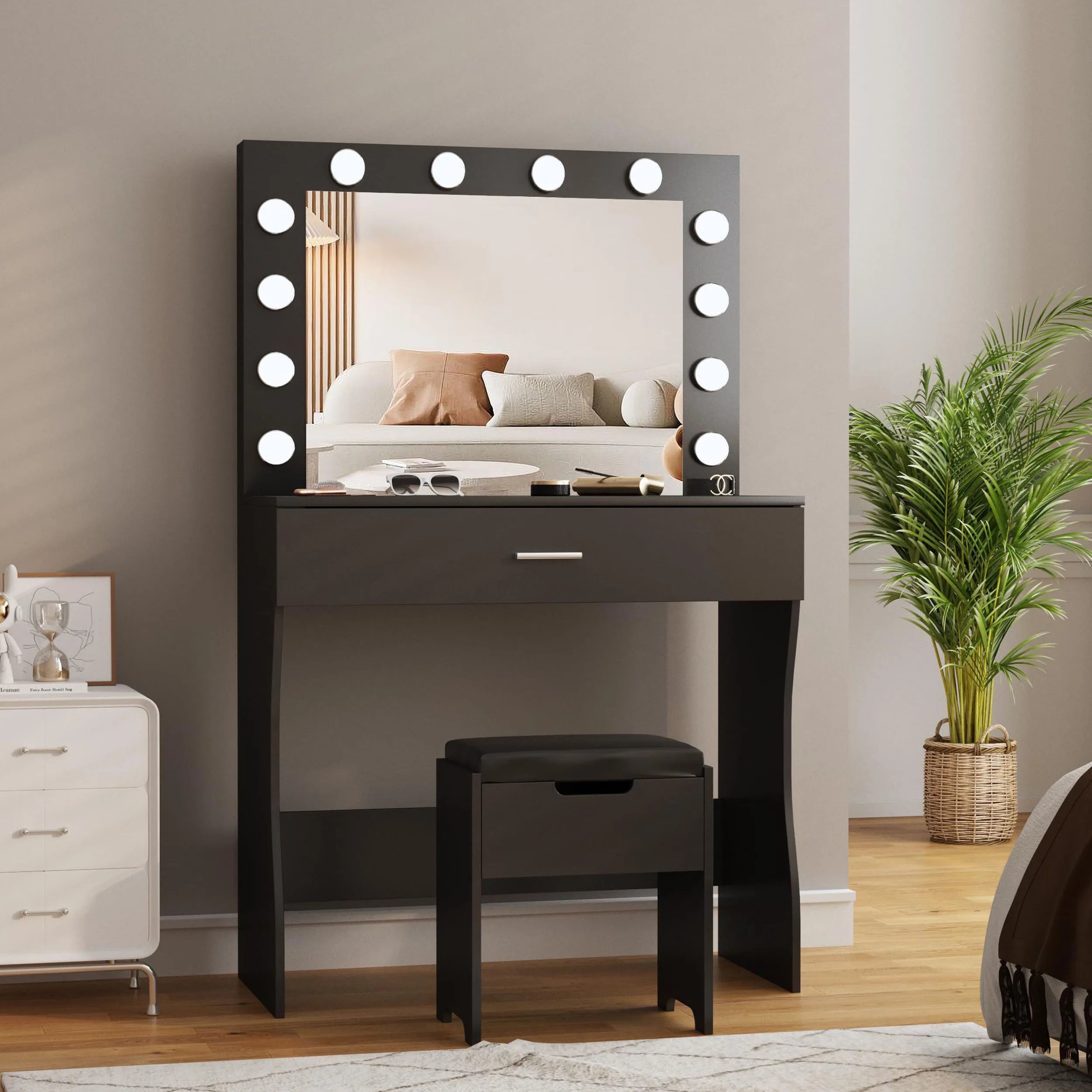 Small Vanity Desk with Mirror, Lights & Storage – Makeup Table with Drawer & Cushioned Stool