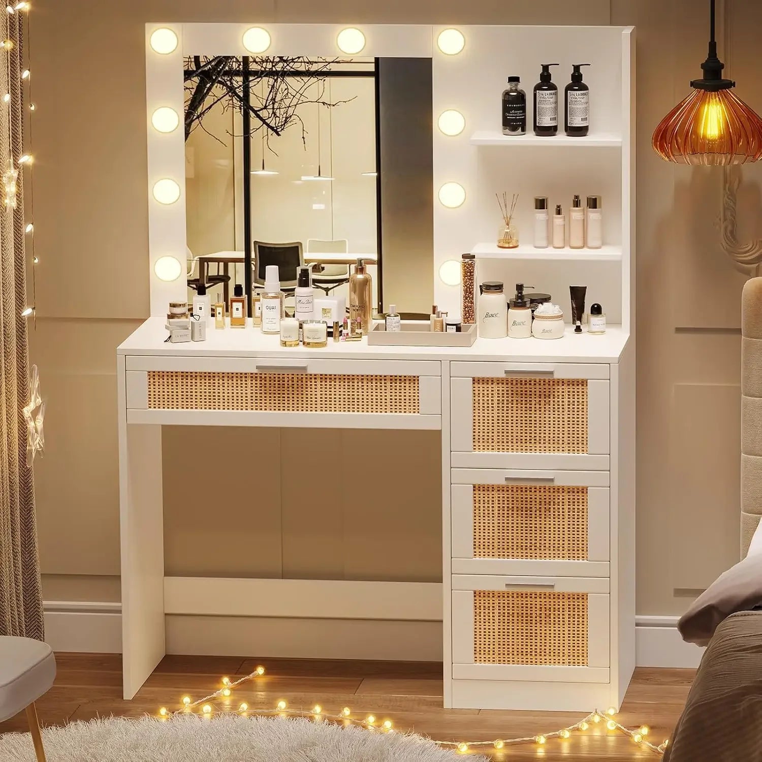 Makeup Vanity Table with Lighted Mirror, Shelf & 4 Drawers