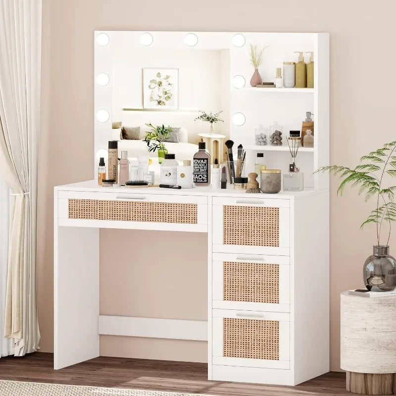 Makeup Vanity Table with Lighted Mirror & 4 Drawers | Modern Dressing Table with Storage Shelves