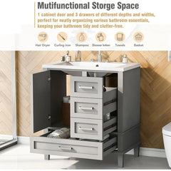 30” Modern Bathroom Vanity Cabinet with Single Sink – Grey, Ample Drawer Storage, Solid Wood Frame