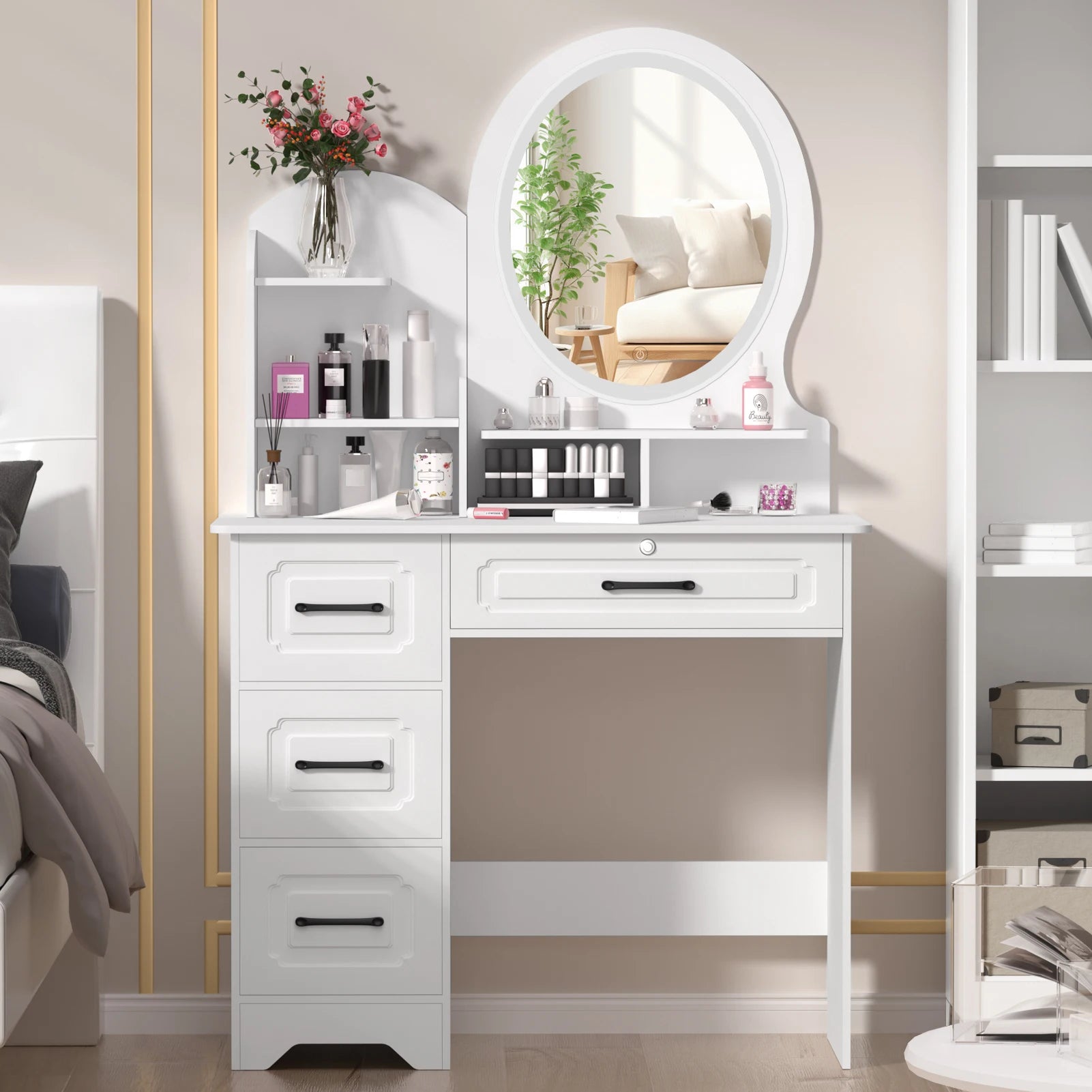 31.5" Vanity Desk with LED Mirror & Stool – Makeup Table with 4 Drawers & Open Storage Shelves