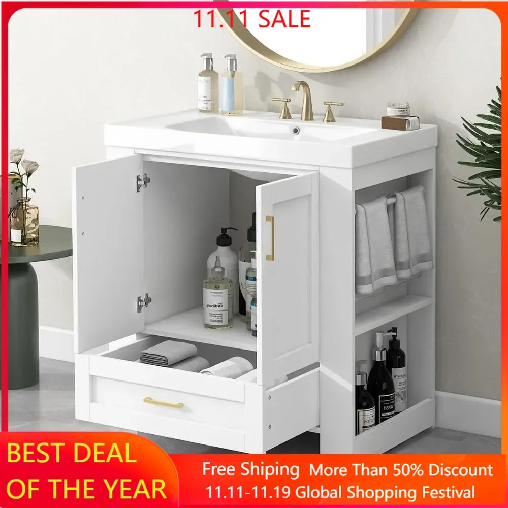 30" Freestanding Bathroom Vanity with Sink – Single Sink Cabinet with Drawer & Side Shelf