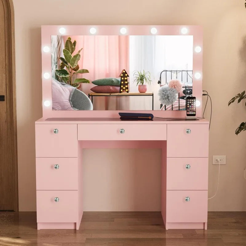 Vanity Desk with Mirror Lights, 7 Drawers, Crystal Knobs, USB Type-C & Type-A, Power Outlet, Hair Dryer Rack, Stylish Makeup Station