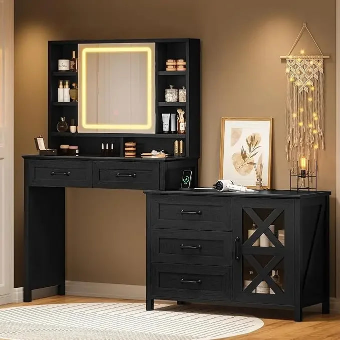 Farmhouse Makeup Vanity with Glass Top, Touch Screen LED Mirror, 3 Lighting Modes, Charging Station, 5 Drawers, Shelves & Cabinet