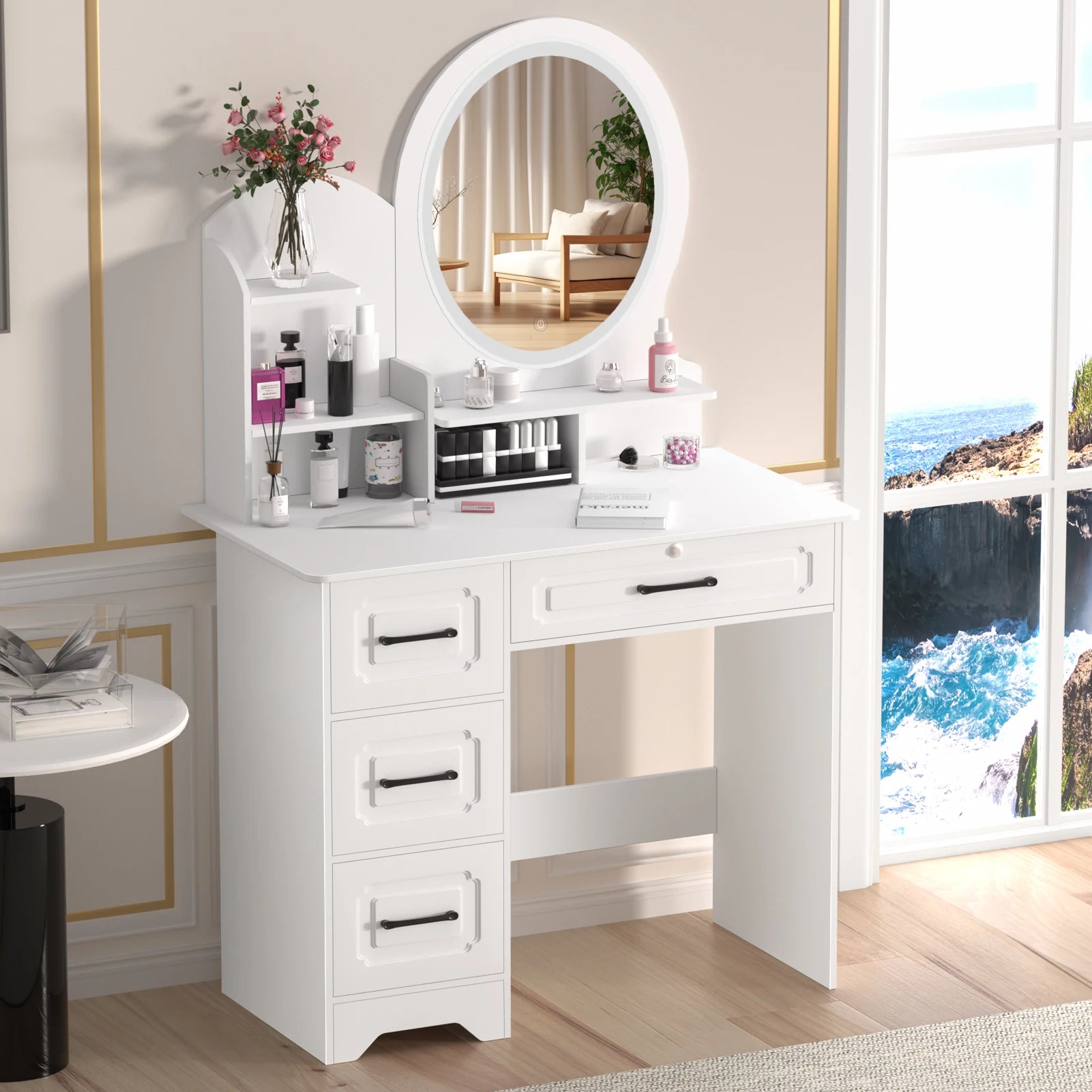31.5" Vanity Desk with LED Mirror & Stool – Makeup Table with 4 Drawers & Open Storage Shelves