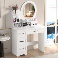 31.5" Vanity Desk with LED Mirror & Stool – Makeup Table with 4 Drawers & Open Storage Shelves