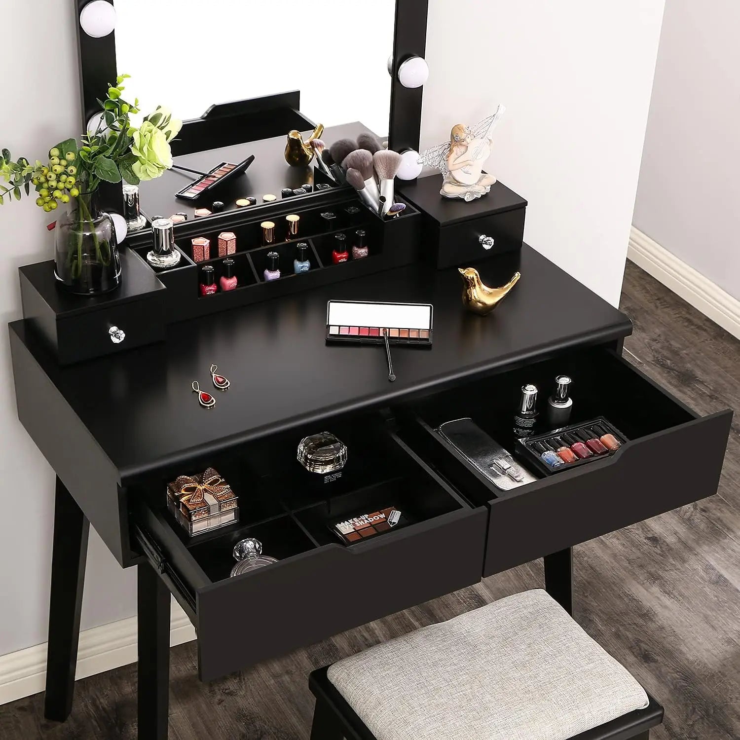 Black Vanity Desk with Lighted Mirror, 4 Drawers & Stool