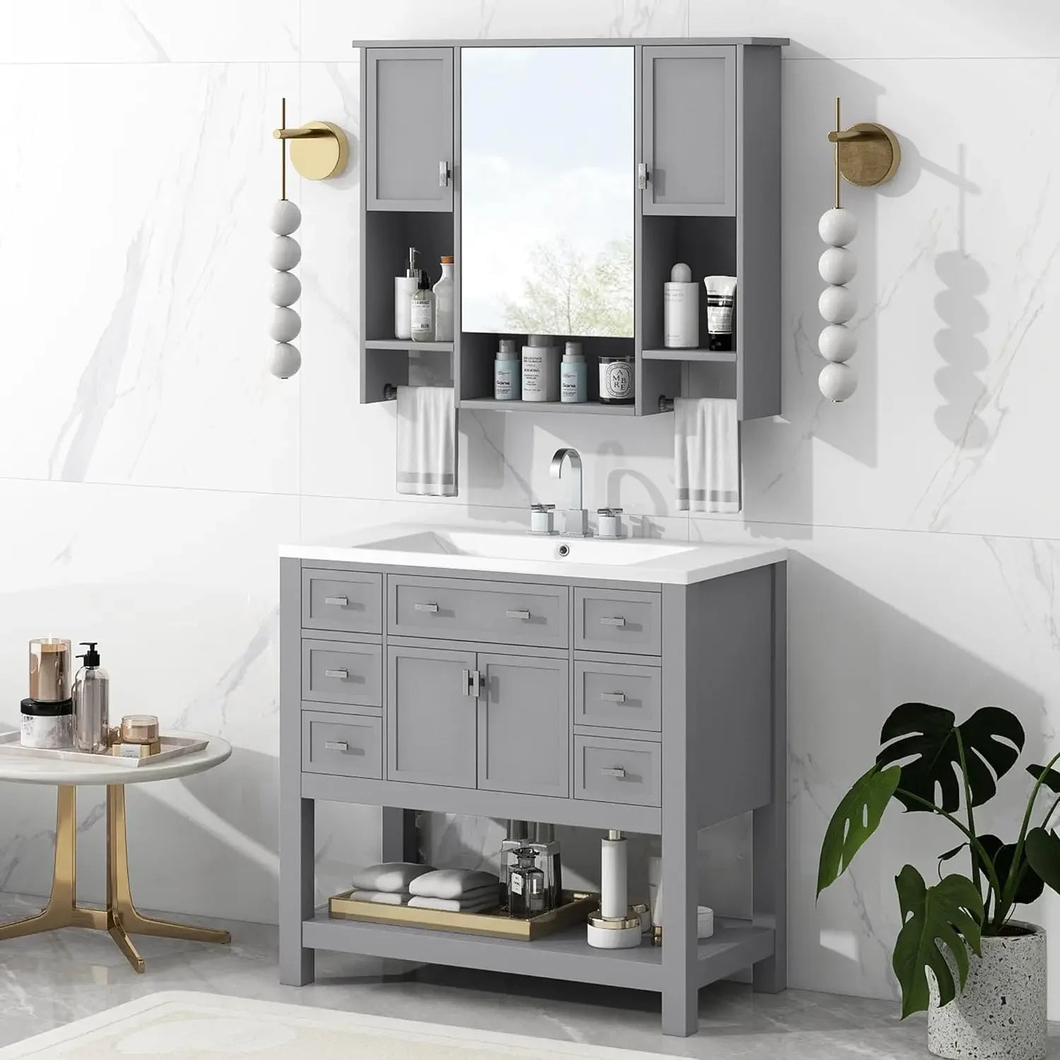 36" Bathroom Vanity with Sink – Freestanding Cabinet with Soft-Close Drawers, Doors & Open Shelf