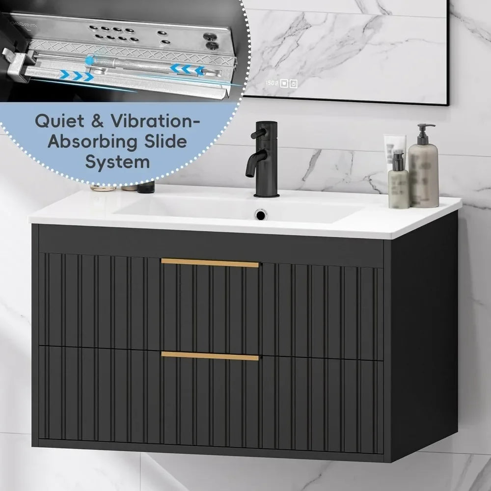 30" Floating Bathroom Vanity with Sink – Wall Mounted Cabinet with 2 Soft-Close Drawers & Modern Metal Handles