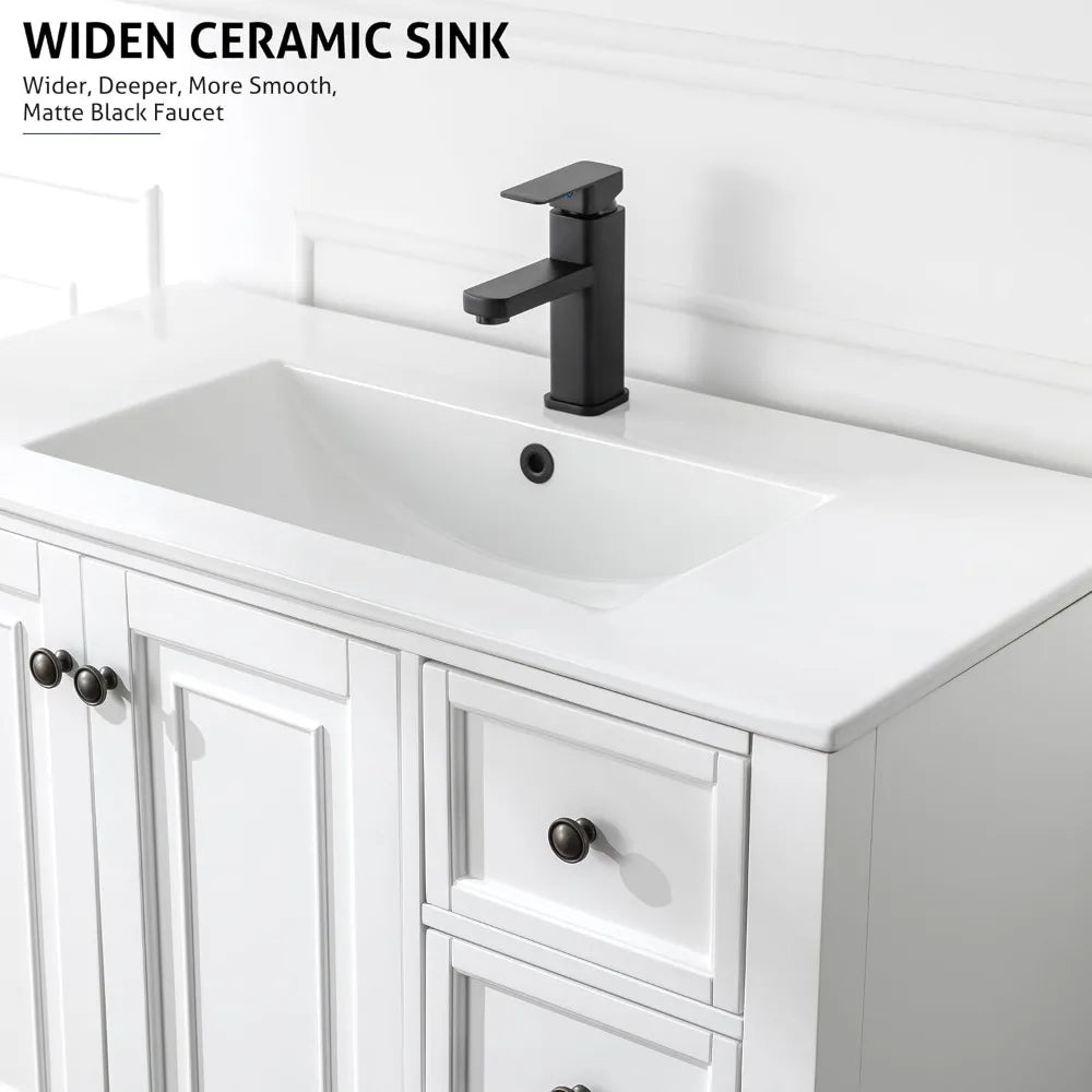 36" Bathroom Vanity Sink Combo with Solid Wood Construction & Vintage Design – 5 Drawers, 2 Doors Storage Cabinet